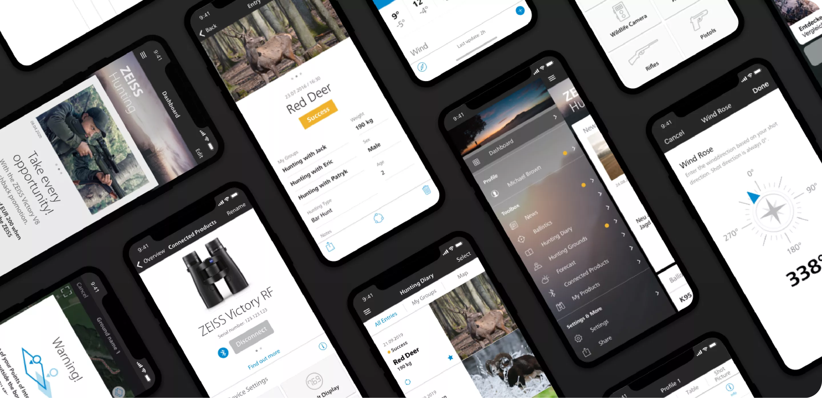 Übersicht an mobilen Screens für die ZEISS hunting app | Software Entwicklung Wien
