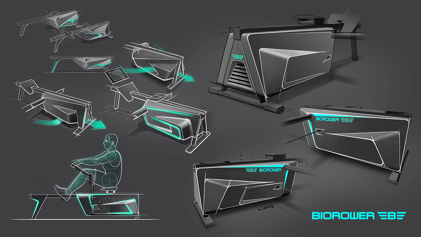 Biorower S1 club ergometer product design sketches