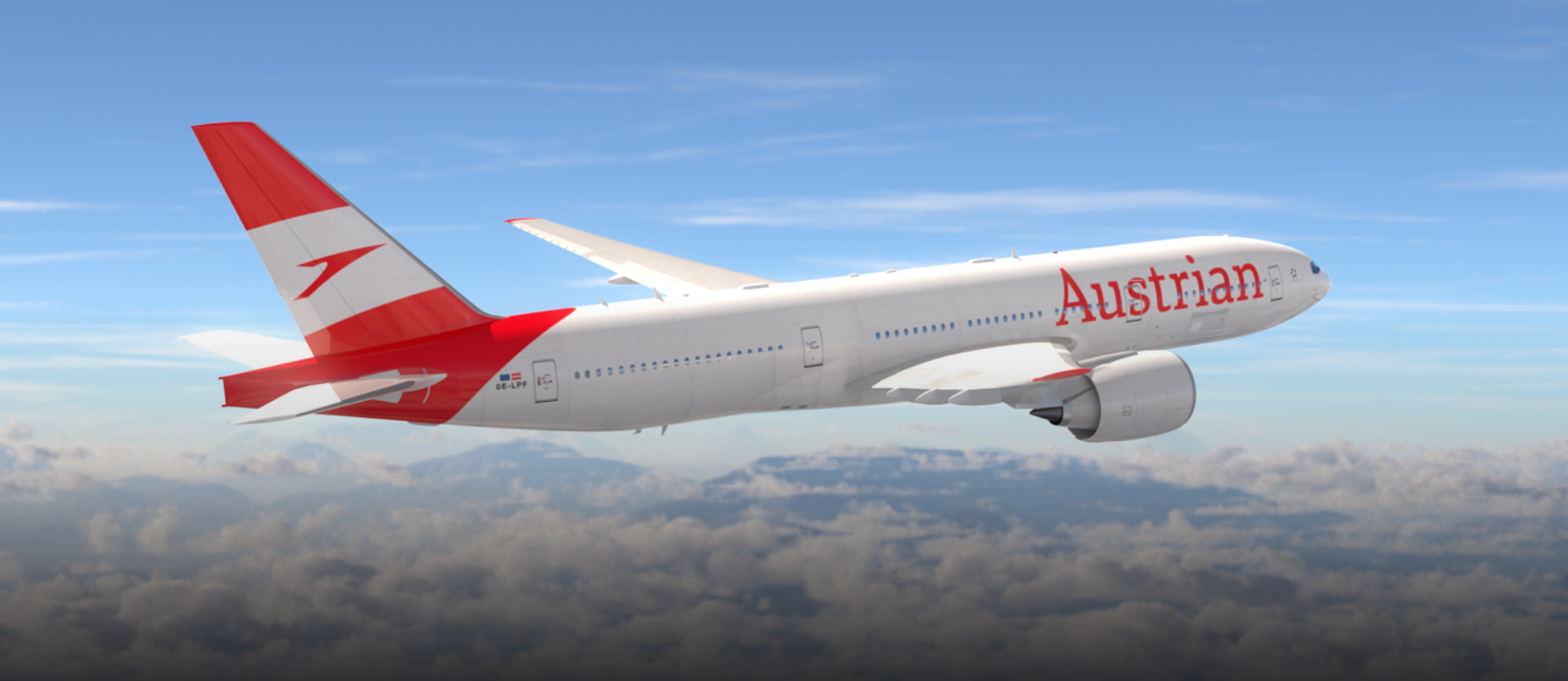 austrian aircraft render with blue sky and puffy clouds over mountain tops