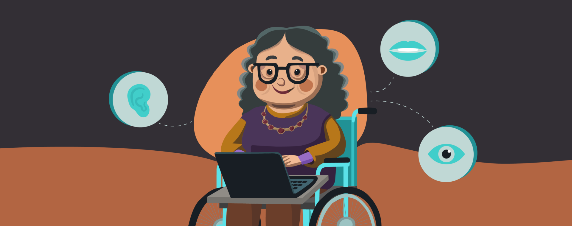 Illustration einer Frau mit Brille und grauen Haaren in einem Rollstuhl, die mit einem Laptop arbeitet | PESCHKE Wien