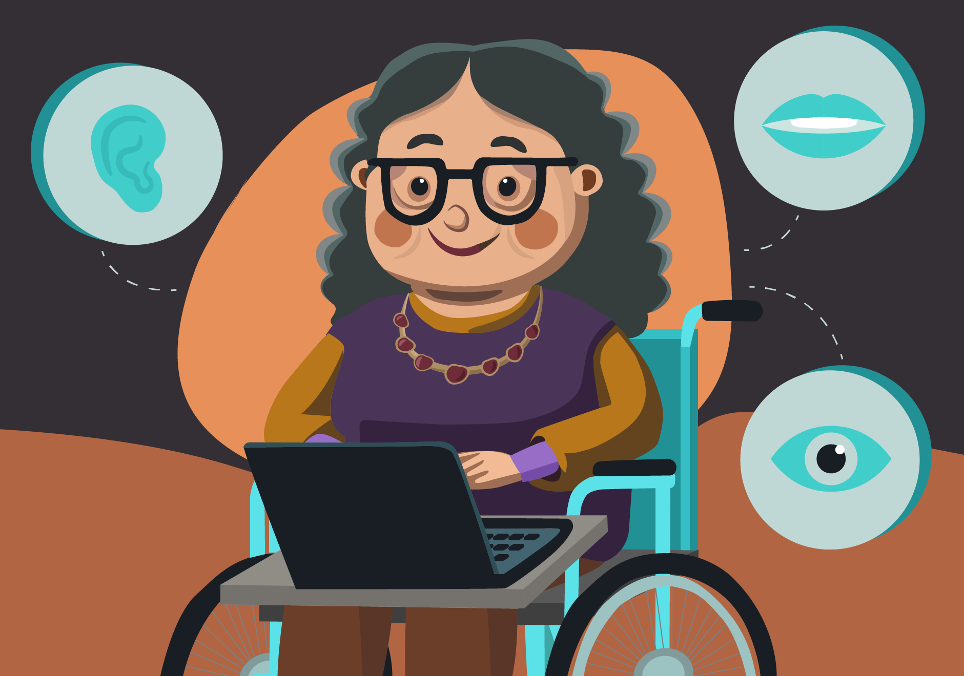 Illustration einer Frau mit Brille und grauen Haaren in einem Rollstuhl, die mit einem Laptop arbeitet | PESCHKE Wien