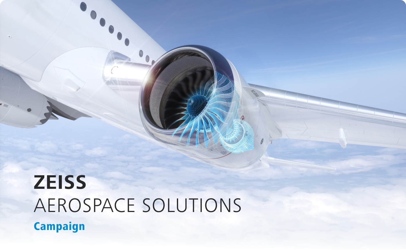 Key Visual der ZEISS Aerospace Kampagne mit Flugzeug und Turbine