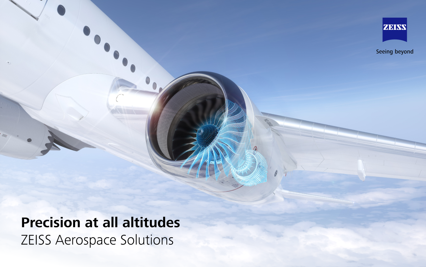 Key Visual der ZEISS Aerospace Kampagne mit Flugzeug und Turbine