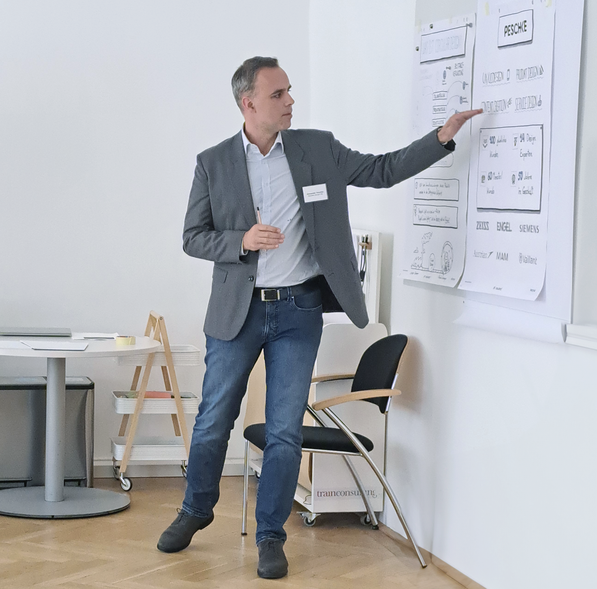 Alexander Peschek steht vor einem Flipchart und hält einen Vortrag