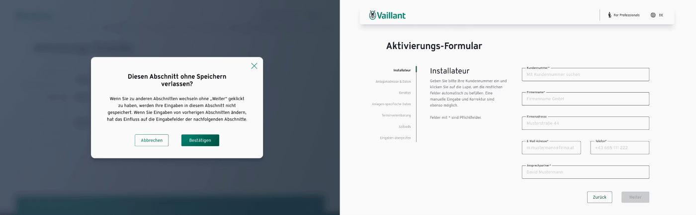 Online-Formular zur Vereinbarung einer Aktivierung von Vaillant Geräten: UX Elemente
