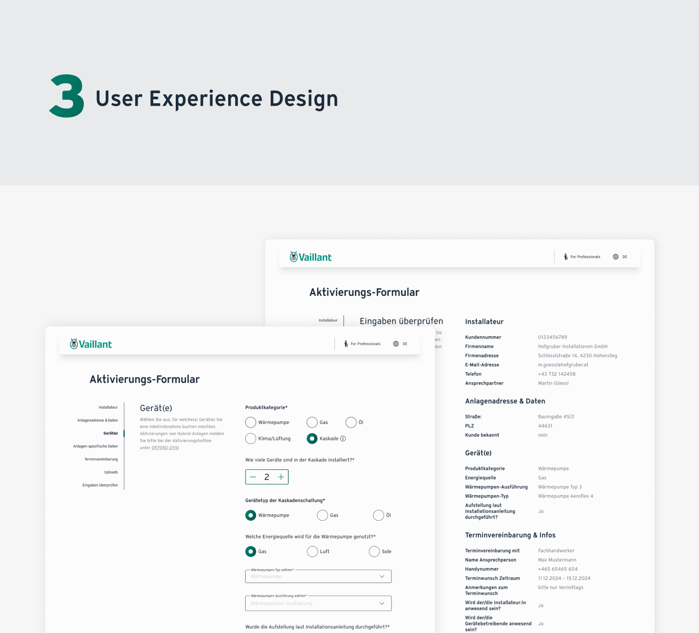 Online-Formular zur Vereinbarung einer Aktivierung von Vaillant Geräten: User Experience und Interface Design