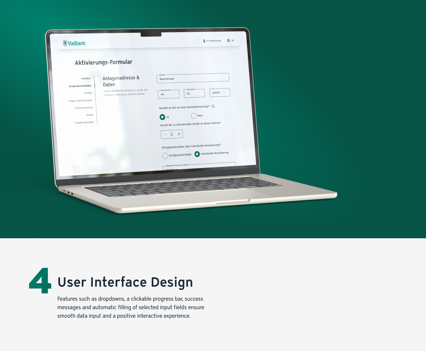 Online-Formular zur Vereinbarung einer Aktivierung von Vaillant Geräten: Interface Design Mockup