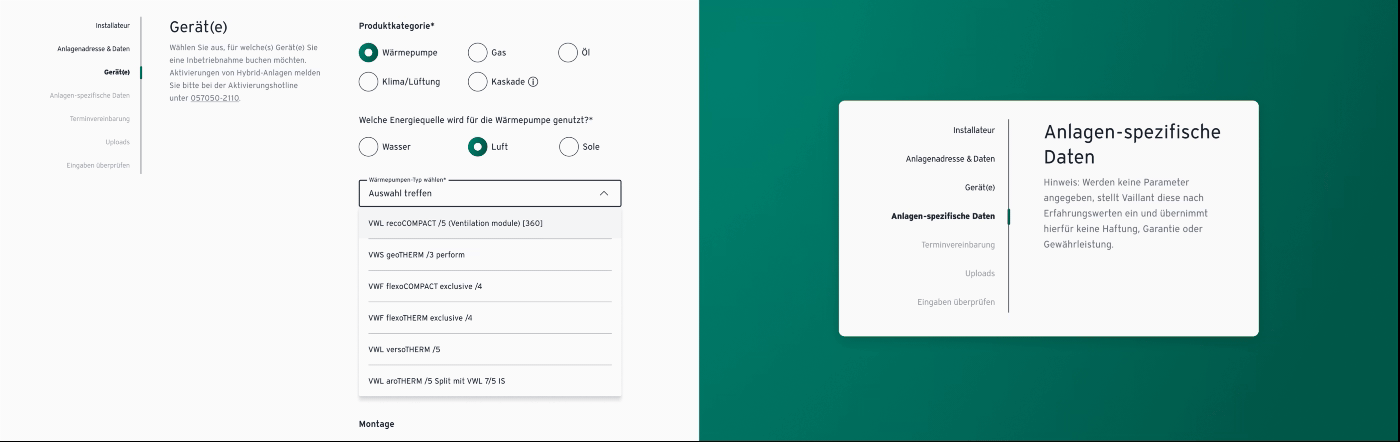 Online-Formular zur Vereinbarung einer Aktivierung von Vaillant Geräten: UX Elemente