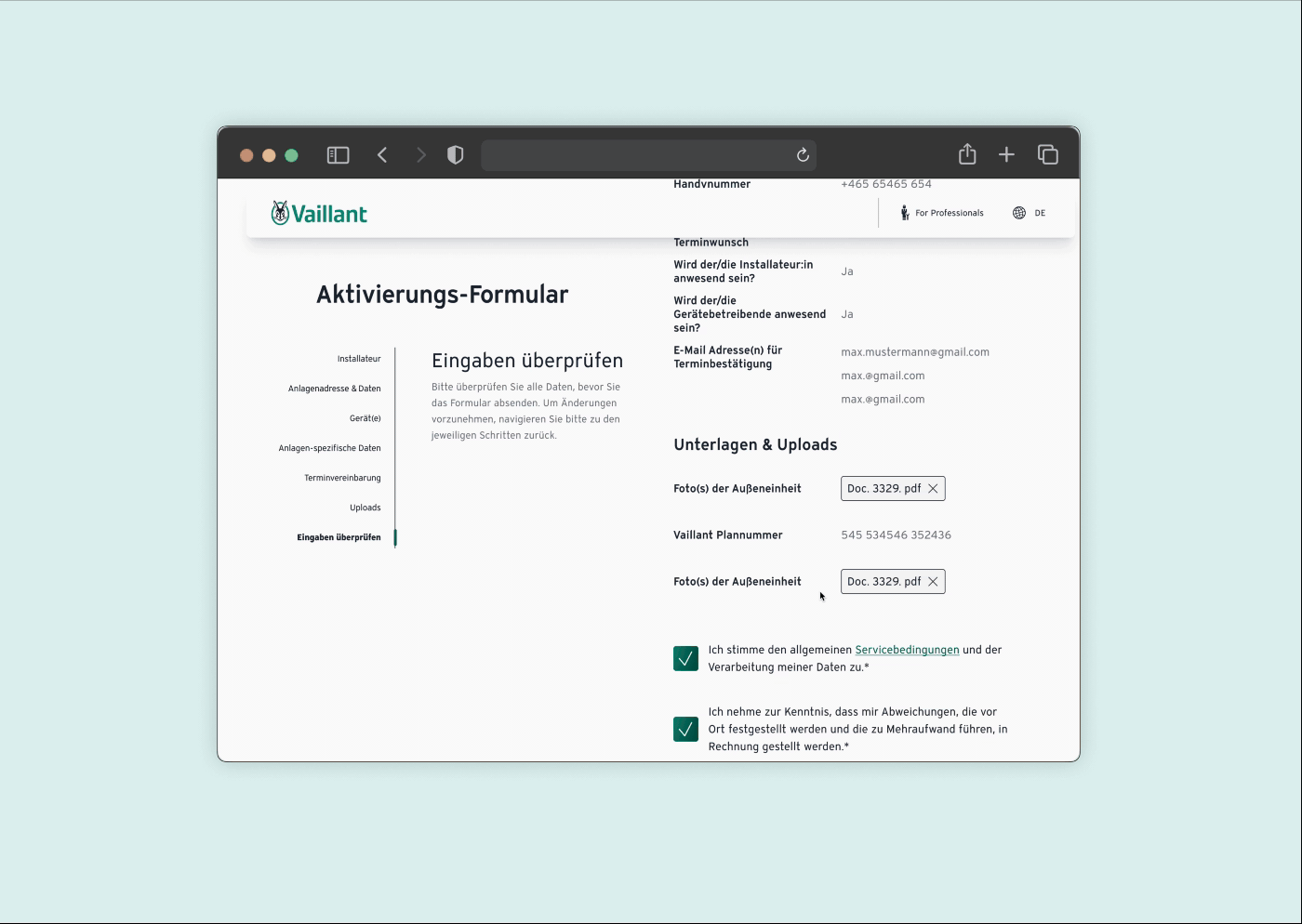 Online-Formular zur Vereinbarung einer Aktivierung von Vaillant Geräten: Erfolgsnachricht nach Absenden des Formulars