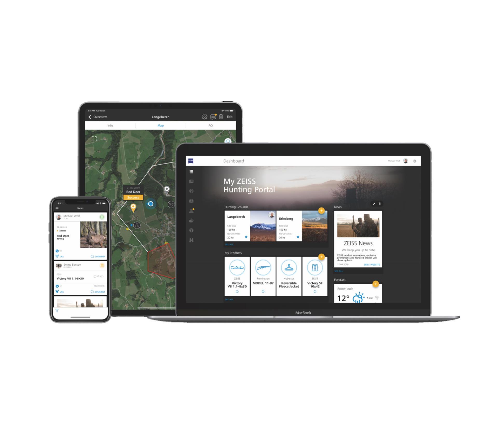 Übersicht der ZEISS Hunting App auf mehreren Geräten