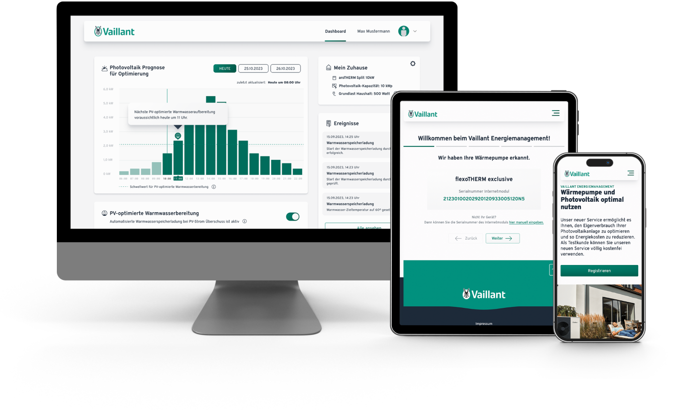 Übersicht von Vaillant Energiemanagement auf verschiedenen Endgeräten (PC Monitor, Tablet und Smartphone)