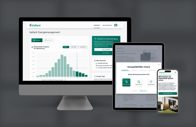 Übersicht von Vaillant Energiemanagement auf verschiedenen Endgeräten (PC Monitor, Tablet und Smartphone)