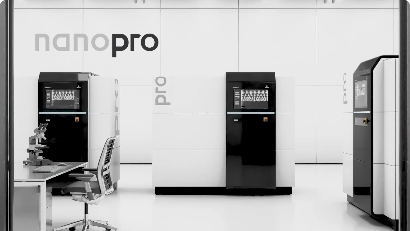 3D Bild eines weißen Laborraums mit NanoPro Druckern