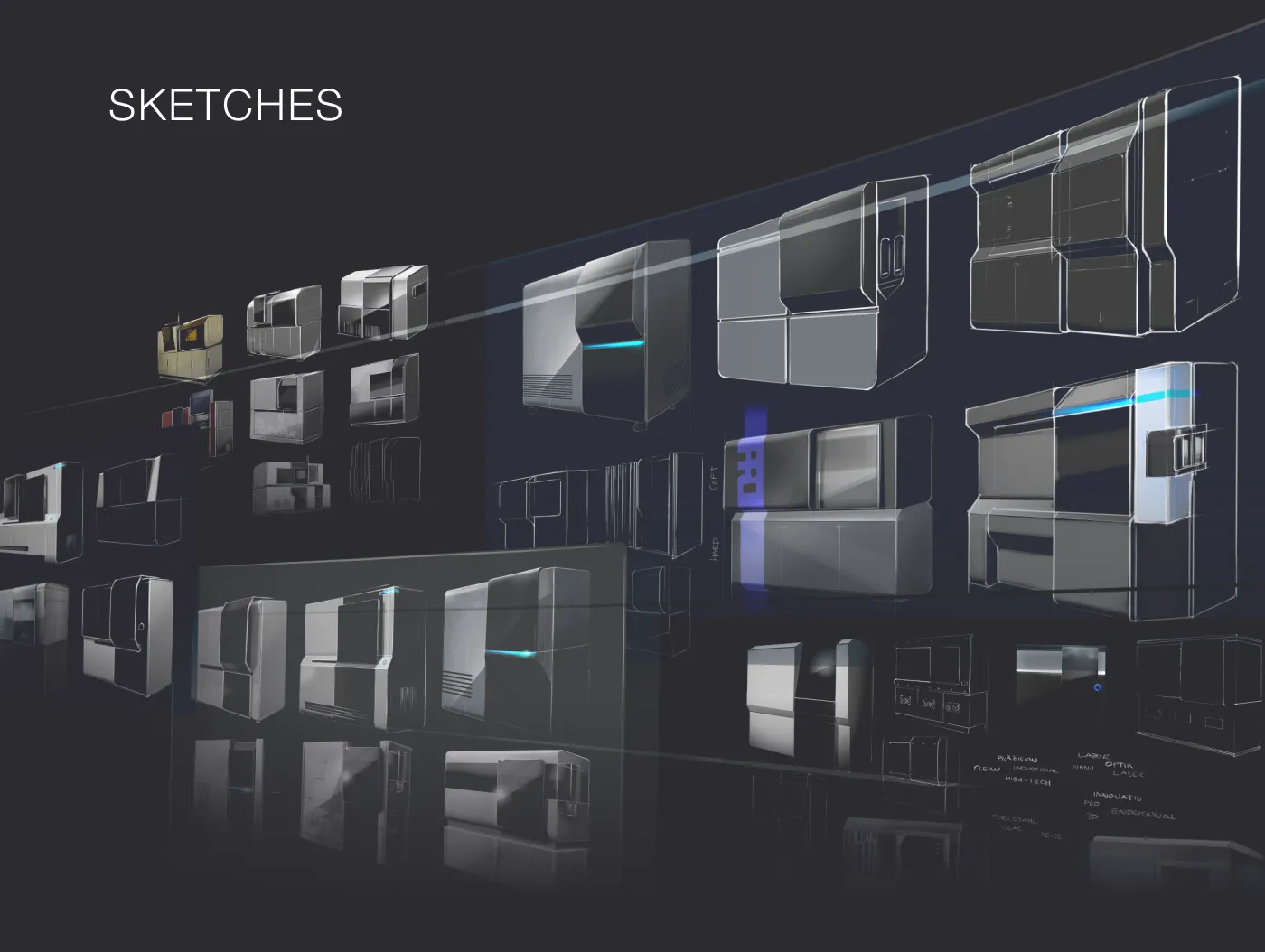 Produktdesign-Skizzen des NanoPro Druckers