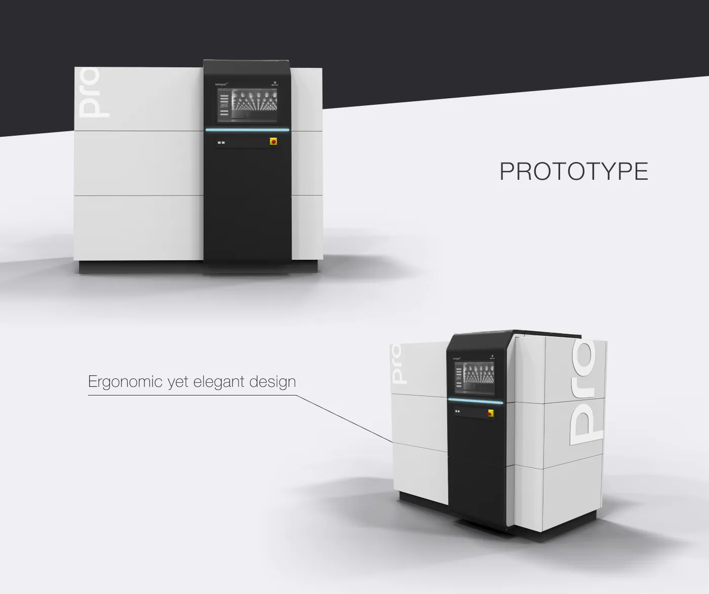 Frontale und leicht seitliche Ansicht des NanoPro Druckers