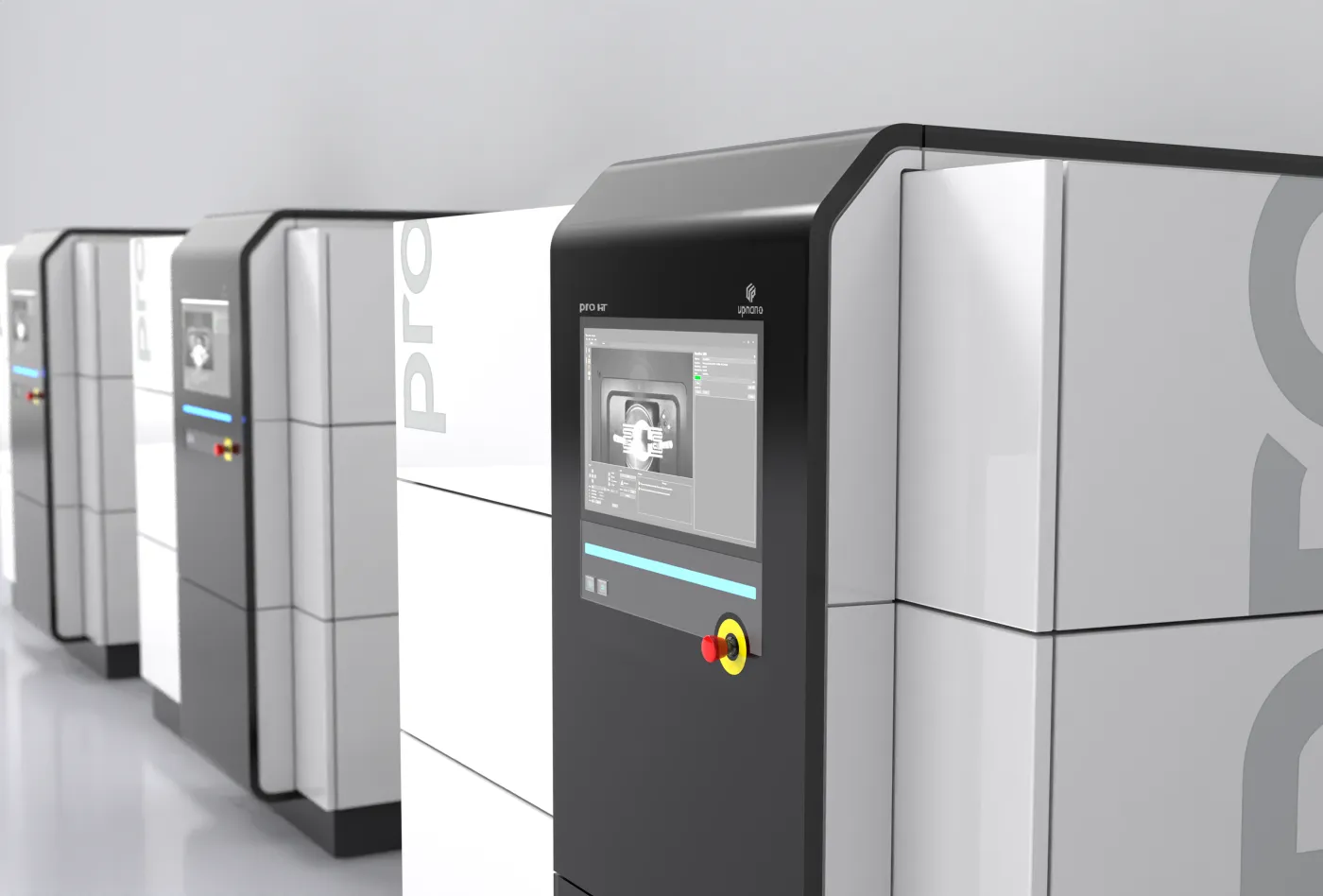 Renderings von mehreren NanoPro Druckern in einer Halle