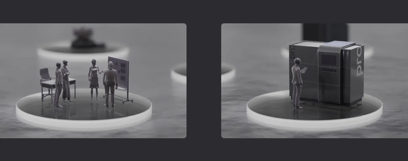 3D Rendering von Mitarbeitern in einer Besprechung sowie eines Bedieners vor dem 3D Drucker