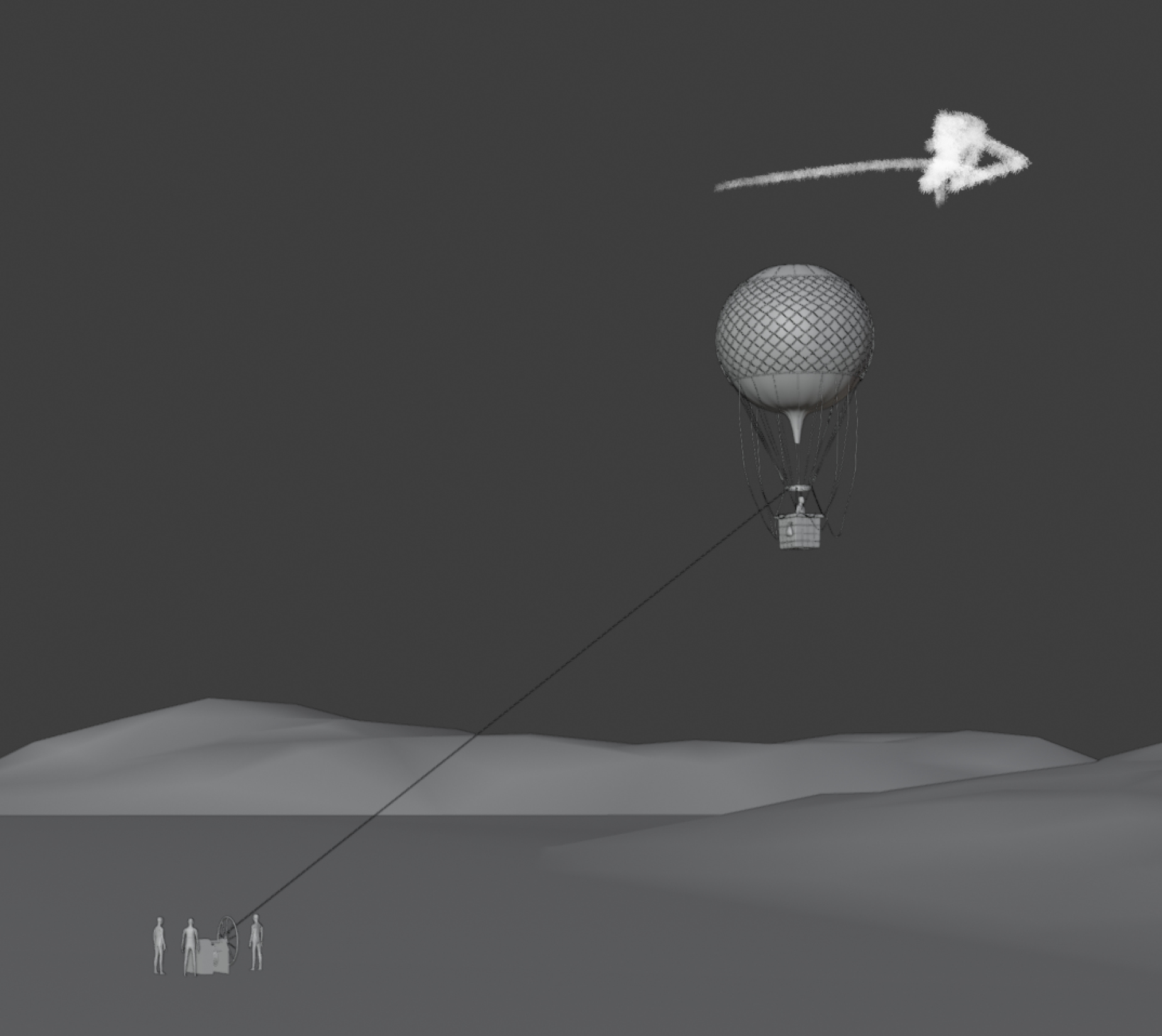 Pfeil deutet Kamerabewegung an Heißluftballon vorbei an