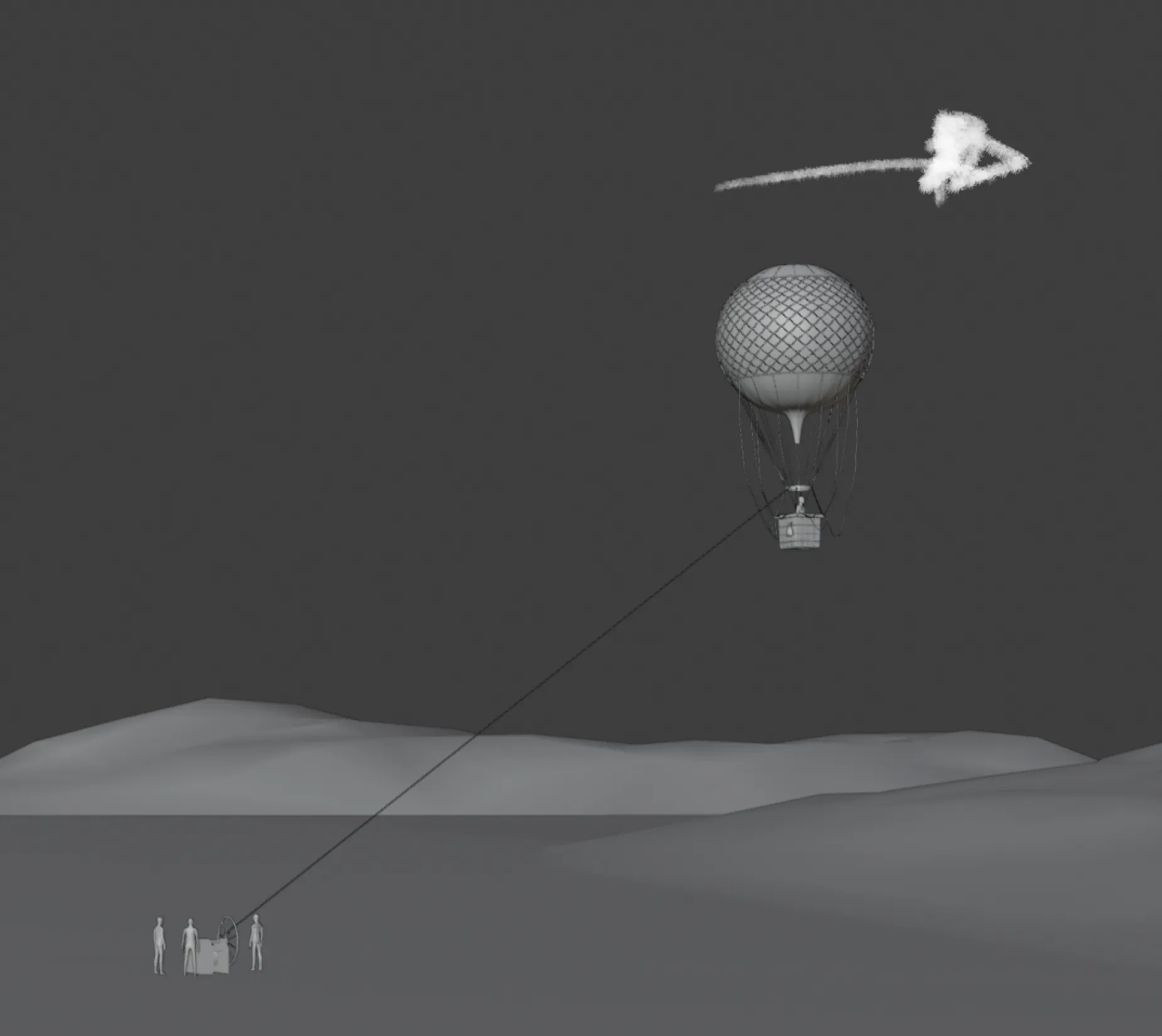 Pfeil deutet Kamerabewegung an Heißluftballon vorbei an